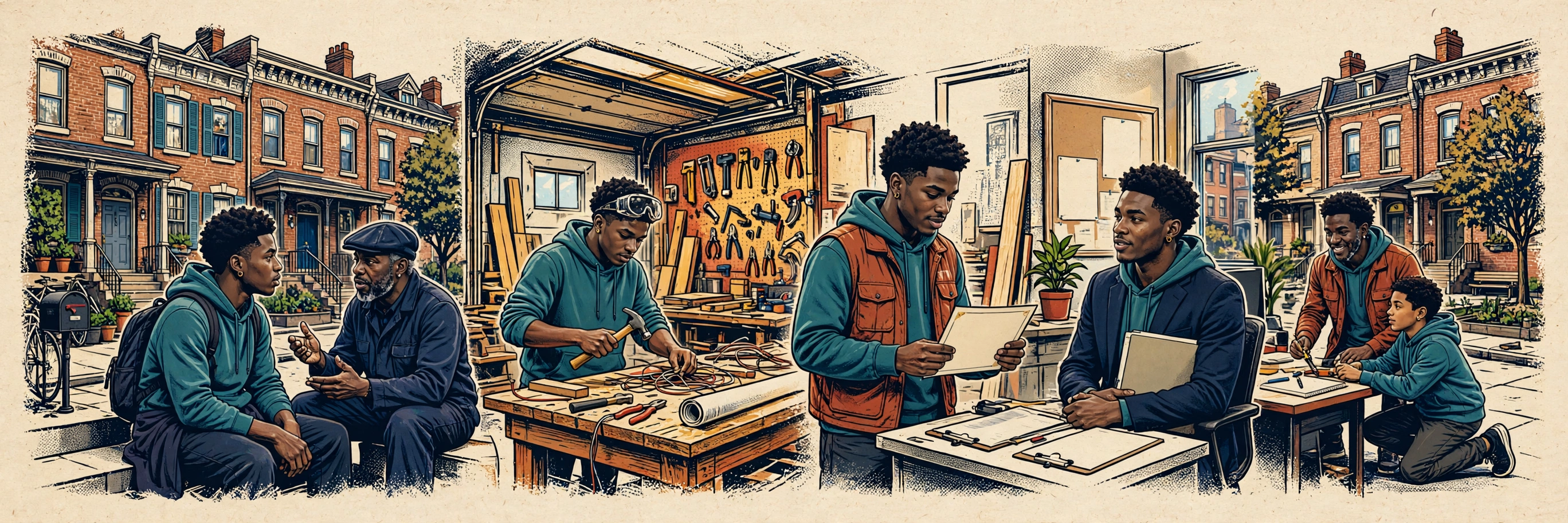 Illustration of a young man moving through mentorship, skilled-trades training, employment, and returning to mentor another young man